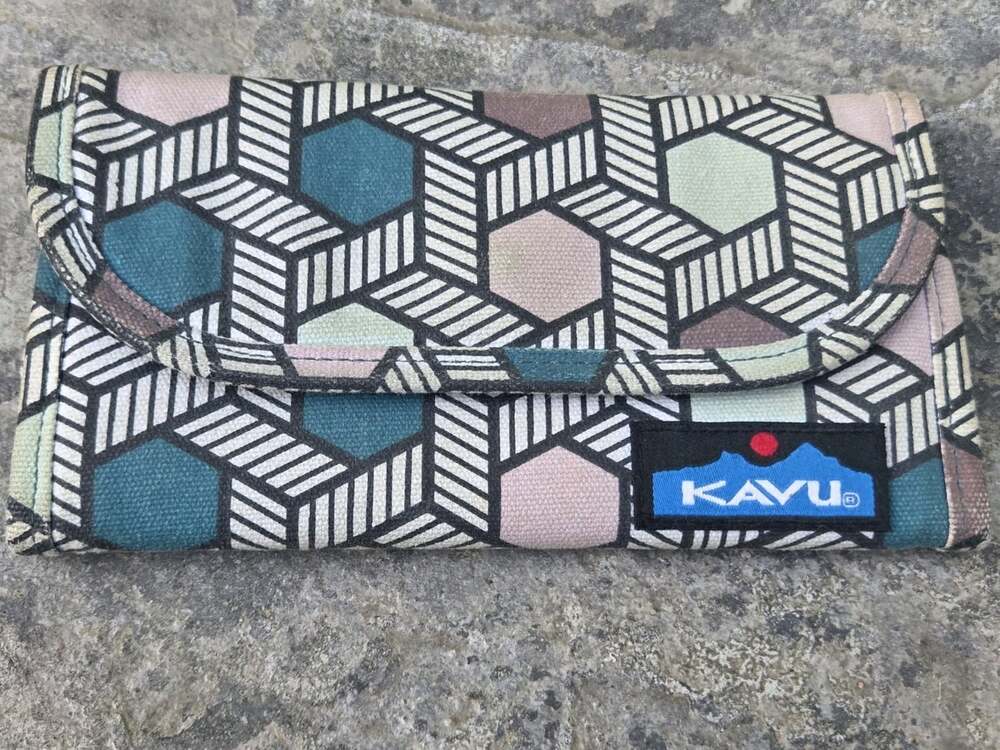 Kavu Tri Fold Wallet Canvas Tan Blue Pink Aztec Southwestern Print